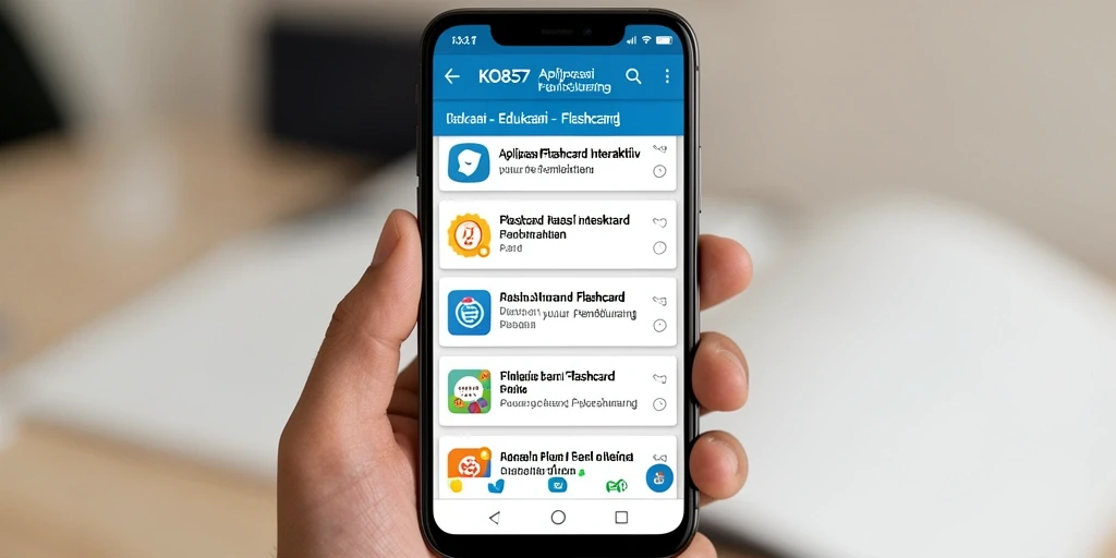 Antarmuka aplikasi KO857 dengan flashcard interaktif yang menarik.